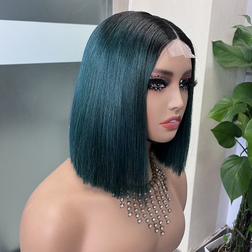 2x6 #1b/Green Colored Straight BOB Lace Closure Virgin Human Hair Wig | Human Hair Wig | Lace Front